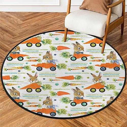 Runder Autoteppich mit Kaninchen-Karotte, 91 cm, kleiner Kreisbereich, weich, rutschfest, waschbar, Bodenmatte, ultradünn, Überwurf, Teppich für Eingangsbereich, Schlafzimmer, Badezimmer, Wohnzimmer
