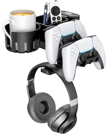 KDD 5 in 1 Desk Controller Holder - Rotating Headphone Hanger with Cup Holder - Clamp On Desk Organizer Holds Controller, Headphone, Cup, Mobile Phone and Pen(Black)
