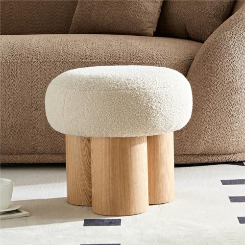WAKEEPING Small Round Foot Stool, Teddy Fabric Ottoman with Non-Skid Legs, Modern Footrest for Under Desk, Sofa Couch, Shoe Changing Bench for Entryway, Living Room, Bedroom, Office (Beige)
