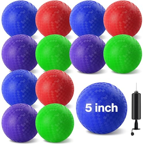 HSLCGF 12 Pcs Dodgeballs 5 Inch Kickball Playground Ball 4 Colour Inflatable Rubber Handball Dodge Ball with 1 Hand Pump for Outdoors Ball Games Gym Camps Picnic (Needle is at The Top of The Pump)