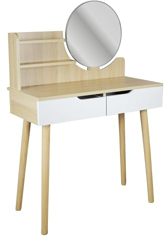 JUMI Modern Schminktisch 80 cm breit mit Spiegel Rund 40 cm - Aesthetic Make Up Tisch mit Praktische Regale, Frisiertisch, Skandinavischer Stil: Holz