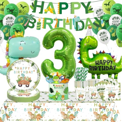 Dino Geburtstag Deko 3 Jahre,Dinosaurier Partygeschirr Geburtstagsdeko, Geburtstagsdeko 3 Jahre Junge, Dino Ballons Servietten etc Supplies für Party Deko 16 Gäste