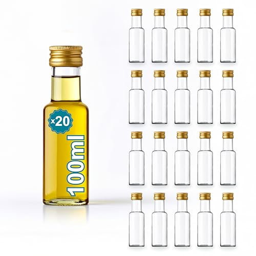 Espirito Rebelde 20 Mini Bouteilles en Verre 100ml avec Bouchon a Vis Doré | Petites Bouteilles pour Huile d'Olive, Vinaigre, Alcool, Sauces, Potion Magique | Échantillons