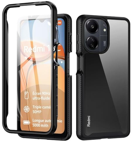 TVVTPU Funda para Xiaomi Redmi 13C/Poco C65, Carcasa Protectora 360 Grados Antigolpes con Protector de Pantalla Integrado, Doble Cara Transparente Suave TPU Bumper Case, Negro