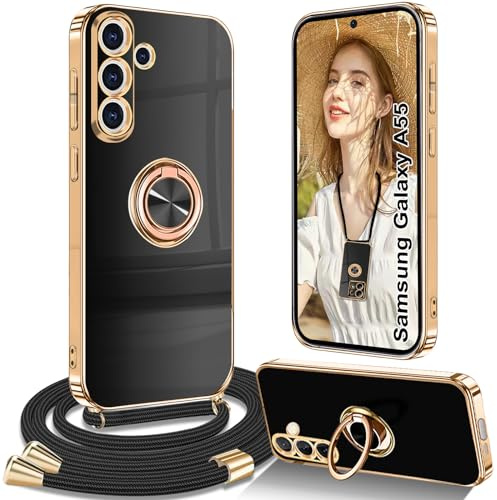 Yutwo Handykette für Samsung Galaxy A55 5G Hülle mit Band, Handyhülle für Samsung A55 5G mit Band Kette Ständer Stoßfeste Schutzhülle, Schwarz