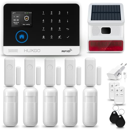 HUXGO® HXA003 Alarmanlage Haus WiFi + GSM 4G mit Solar Funk Sirene Solar | Alarmanlage Wohnung mit App. TUYA | Alarm System mit 5X Bewegungsmelder, 5X Tür- Fenstersensor| Wohnmobil Alarmanlage
