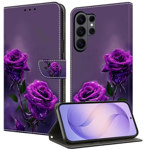 TUOLISG Handyhülle für Samsung Galaxy S24 Ultra Hülle,PU Leder Flip Wallet Case Schutzhülle mit Kartenfächer und Standfunktion für Samsung Galaxy S24 Ultra -Lila Rose