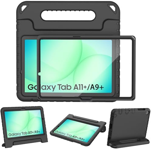 TOPWANT Case for Galaxy Tab A11+ Plus/A9+ Plus 11 inch 2025/2023, Black | Built-in Screen Protector, Shockproof Lightweight Convertible Handle Protective Cover, Stable Stand