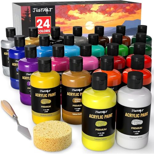 JusArt Acrylfarben set, mit 24 acryl Farben (je 250ml), große Flaschen, ungiftig Acrylic Paint,Wasserfest und Lichtecht,für Künstler,Holz, Stoff,leinwand,Leder und Stein