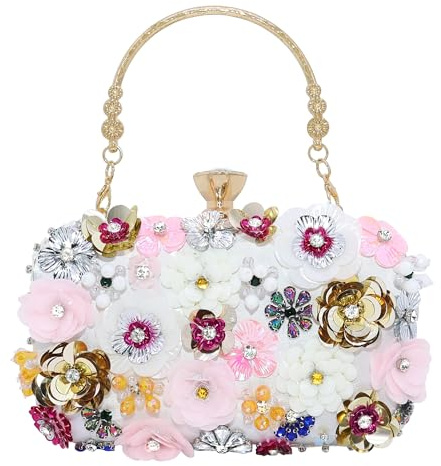 Milisente Damen Perlen Abendtasche Blume Handtasche Elegant Hochzeit Clutch Kristalle Schulter (Weiß)