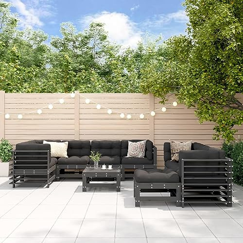WEMYUFURN 10-TLG. Garten-Lounge-Set mit Kissen Grau Massivholz, Outdoor-Sitzgruppe, Terrassen-Lounge-Set, Garten-Couchgarnitur - Wetterbeständig, Komfortabel - für Terrasse, Garten und Balkon