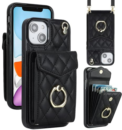 Draamvol for iPhone 15 Case Wallet Shockproof Leather iPhone 15 Phone Case with Card Holder Ring Holder Detachable Necklace Magnetic RFID Blocking Air Bumper Cover,Black