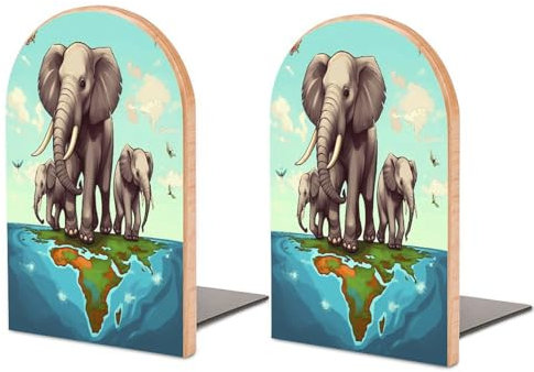 Verdickte Holz-Buchstützen, Elefanten-Druck, kreative dekorative Buchstützen, rutschfeste Buchstützen, 1 Paar