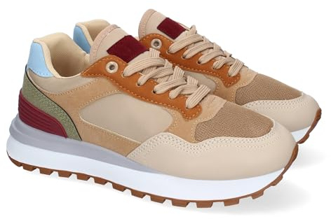 87659 Zapatillas Planas Deportivas de Mujer Casual, Puntera Redonda y Cierre de Cordoneras, Ideales para el Dia a Dia. Beige Talla 40