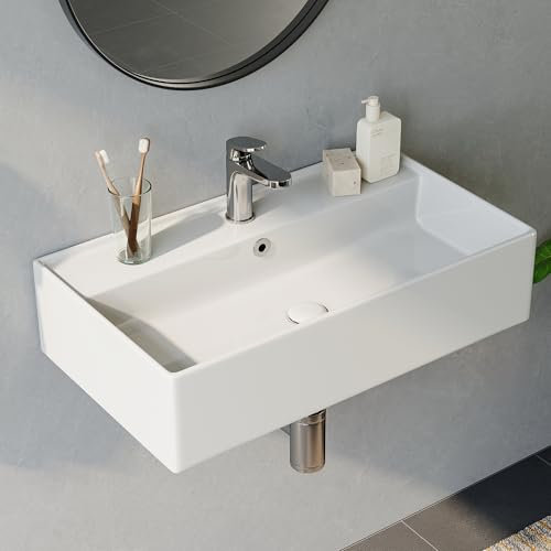 HOROW Lavabo con bordo sottile, rettangolare o lavabo da appoggio, con foro per rubinetto, lavabo da parete per ospiti, ideale per bagno e lavandino