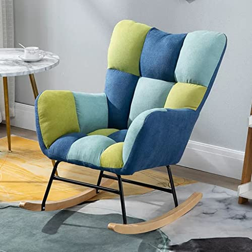 WIGSELBL Schaukelstuhl mit hoher Rückenlehne, bequemer Seitenstuhl für Wohnzimmer, gepolsterter Gleiter, Schaukelstuhl mit Massivholzbeinen (Blau-2)