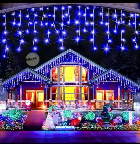 Partenopea Tenda luminosa esterno natalizia luci a 256 led da balcone decorazioni di Natale feste eventi bassa tensione 31V gioco flash bianco (Luce blu fissa + fredda flash, 6 metri)