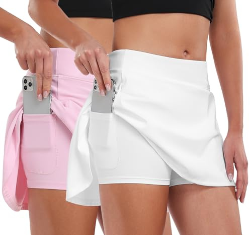 Ullnoy 2 Pack Women's Tennis Skirt with Shorts Pockets High Waisted Athletic Golf Skorts Pleated Sports Skirts for Workout Running Pink/White S