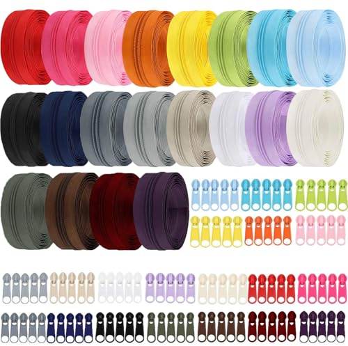 Exquilnova Farben Nylon Reißverschluss Endlos, Endlosreißverschluss mit Schieber und Zipper, DIY Reissverschluss Teilbar Reißverschluss Reparaturset Bunt für Nähen, Basteln und Tasche