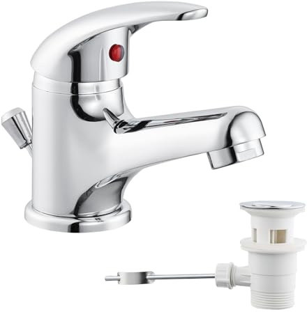 Tayqwiheva Wasserhahn Bad mit Zugstange,Einhebel-Waschtischarmatur mit Ablaufgarnitur,Mini Waschbecken Armatur Einhandmischer Badarmatur Mischbatterie Waschtischmischer für Badezimmer Gäste WC, Chrom