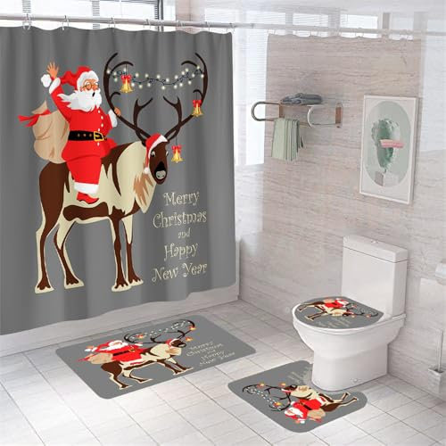 Badezimmerteppich Graue Rote Weihnachten Badteppich rutschfest Waschbar Badgarnitur 3 Teilig – Badematte Set Mit Wc-Vorleger Und Badematte,Teppich Badezimmer Für Sicherheit Und Komfort Im Bad 45X75Cm