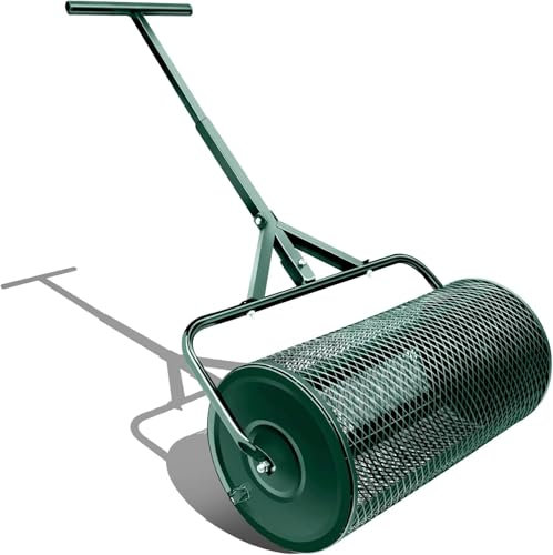 Spandicompost, manico regolabile da 22,8 a 30,7 pollici, prato largo 24 pollici e rullo con chiusure laterali, spandicompost per concime di copertura - Spandicompost con cestello in rete metallica