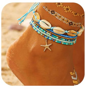 Yean Boho-Fußkettchen mit Perlen, Seestern-Fußkettchen, Muschel-Strand-Fußschmuck für Frauen (Gold B)
