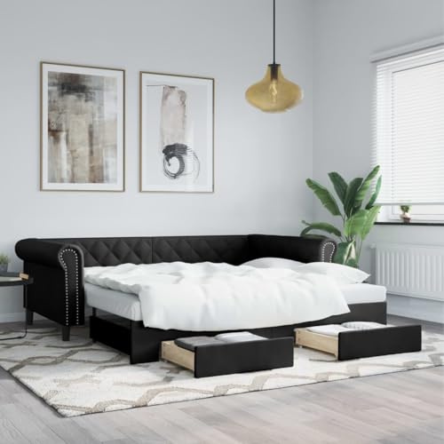 Brokky Tagesbett Ausziehbar mit Schubladen Schwarz 90x200cm Tagesbett Ausziehbar Bett Mit Stauraum Bett Zum Ausziehen Bett Mit Schubladen Kunstlederer / 3197731