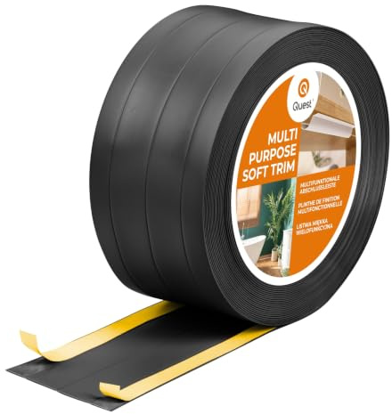 Quest Weichsockelleiste 4in1 PVC 120 mm mit Kabelkanal - Schwarz, 25 m | Multifunktionsleiste als Wandstoßschutz & Türstopper, deckt Bodenkanten sauber ab, ohne Bohren, für Flur, Büro & Garage