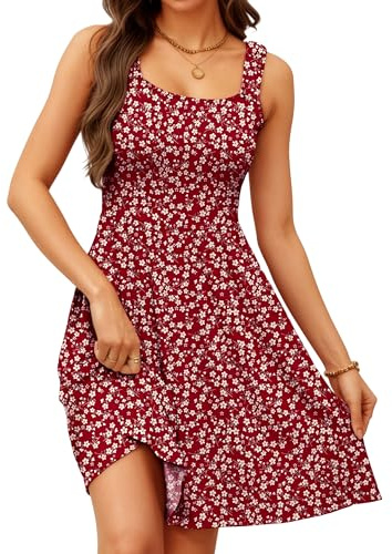 Oyamiki Women's Floral Dress A Line Square Neck Flowy Beach Maternity Dresses Sleeveless Midi Summer Sundress Red M