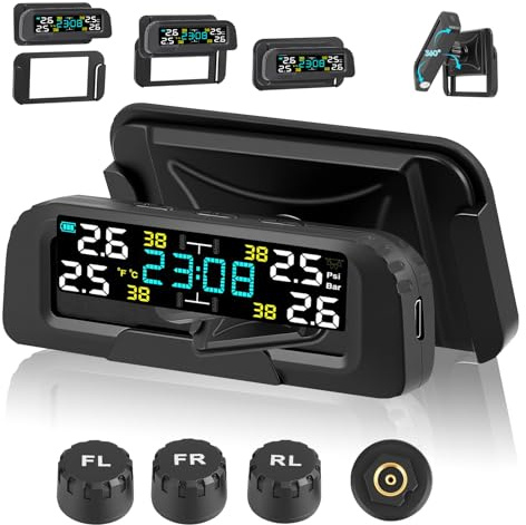 Tyre Pressure Monitoring System with Time & Detached Bracket, TPMS 4/2 Wheel Universal Solar Wireless Tire Pressure Monitor with 4 External Sensors, Pressure Range 0-6 bar, 0-87Psi, 6 Alarm Mode
