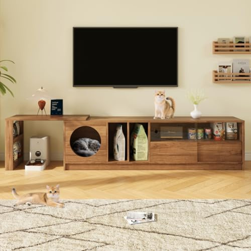 Mueble de TV giratorio moderno, apto para mascotas, con espacio de almacenamiento, puertas de cristal templado de nogal, para salón y dormitorio, 180 (+80) x 40 x 50 cm
