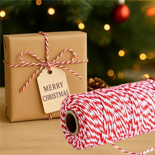 Red and White String, 2mm × 50m Christmas String for Gift Wrapping, Butchers Bakers Twine Cotton for Crafts, Xmas Presents, Festive Decoration, Cooking Meat, Valentine's Day DIY Arts