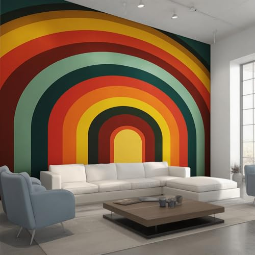 Generisch Fototapete Regenbogen Retro Wohnzimmer Tapete Geometrischer Bogen 60er Jahre Tapeten, Vliestapete Schlafzimmer Motivtapeten, Wandtapete Wanddeko 300 x 210 cm (B x H) Y&W13