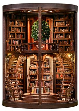 DIY Book Nook Kit mit Weisheitsringen, Miniatur-Buchstütze Aus Holz und 3D-Puzzle mit LED-Licht, Geburtstagsgeschenk für Buchliebhaber Wisdom Ring Library