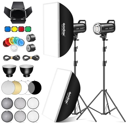 Godox 2Pack SK400IIIV 400Ws Kit Lumière LED Vidéo 5700±200K Lumière Continue avec Trépied, Softbox avec Grille Réflecteur Bowens Mount pour Studio Enregistrement Vidéo Livestreaming, Podcast (2 Pcs)