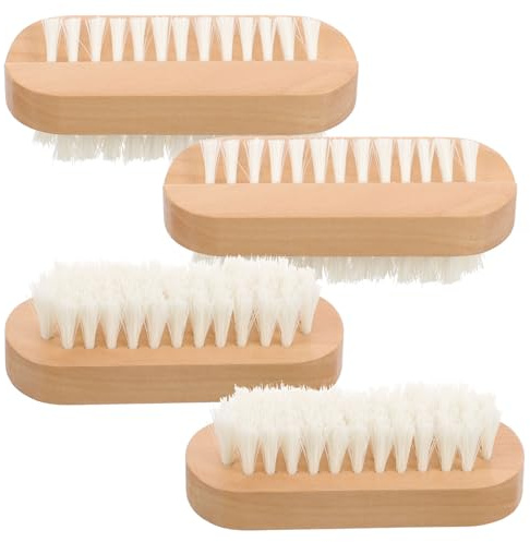 JEWEDECO 4pcs Wooden Nail Scrubbing Brush Double Sided with Pig Bristles and Pp Handle Smooth Design Easy to Clean inside Nail Gap Random Colours for Bathroom and Kitchen Random Color