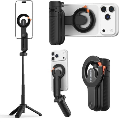 TELESIN Magnetic Mini Phone Camera Grip with Selfie Stick Tripod | 3 in 1 Phone Camera Grip for iPhone & Android, with Detachable Shutter Button, Pocket Size Travel Phone Tripod with Carabiner