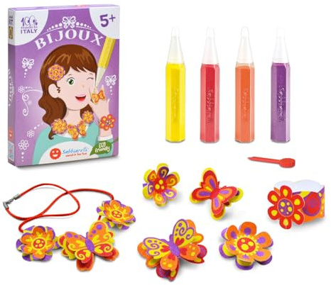 Sabbiarelli Sand-it For Fun – Kit Bijoux 5+ | Kit med Sand Art 100% Made in Italy med färgad sand, självhäftande motiv och tillbehör | Skapa glittrande smycken | Presentidé för barn 5-12 år