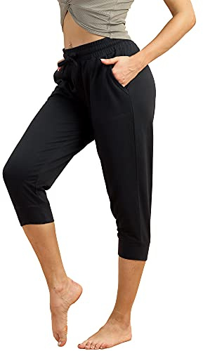 icyzone Damen Jogginghose 3/4 Sporthose Laufhose Sommer Freizeithose Sweathose Casual Capri Hose (M, Black)