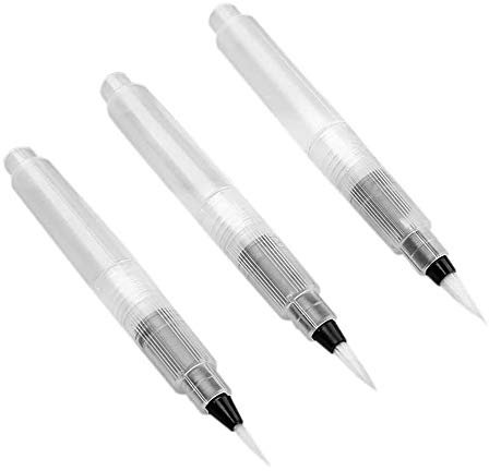 Watercolour Brush Pen Set, Pack of 3 Painting Brushes 3 Size Aqua Pens with Water Reservoir Water-Base Markers For Watercolour Oil Acrylic Painting