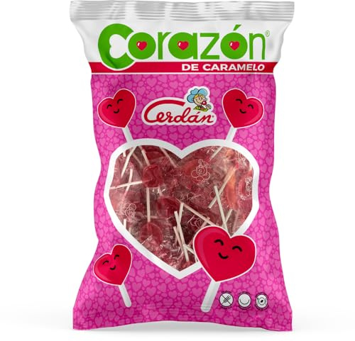 Caramelos Cerdán - Piruletas Mini Corazón Sabor Cereza | Bolsa de 150 Unidades | Caramelo Duro con Palo sin Gluten ni Alérgenos | Ideal para Fiestas, Eventos y Cumpleaños