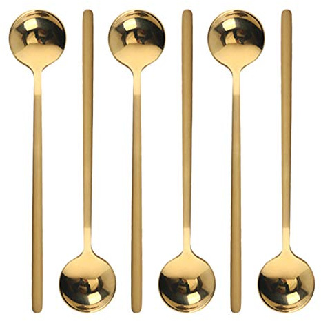 6 Pcs Golden Stainless Steel Round Dessert Spoons - Long Handle for Hot Chocolate, Ice Tea, Latte & Espresso