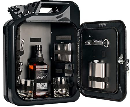 AMAVEL Kanister Bar 20 l, Bestückt, Schwarzer Benzinkanister Minibar mit 8-teiligem Zubehör-Set, Barschrank inkl. 2 Gläsern und Flaschenhalter, Mini Bar Set