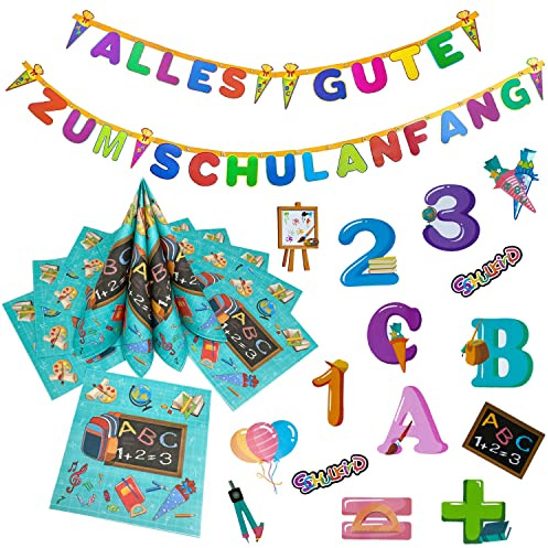 Oblique Unique Schuleinführung Schulanfang Einschulung Deko Set für Jungs und Mädchen - Alles Gute zum Schulanfang Girlande + 20 Servietten + Konfetti