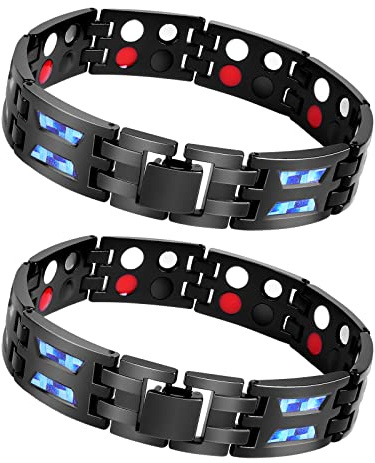 Flintronic 2PCS Pulsera Magnética para Hombre, Acero de Titanio Pulsera Magnética Negra, de 4 Elementos de Doble Fila, 100% Hipoalergénica, con Herramienta de Extracción de Correa-Negro y Azul