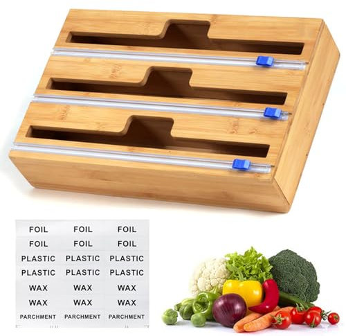 BERRYLION 3 in 1 Wrap Dispenser with Cutter, Plastic Wrap, Aluminum Foil and Wax Paper Dispenser for Kitchen Drawer, Bamboo Roll Organizer Holder, 13.18 Depth* 8.46 Width* 3 High (3 in 1)