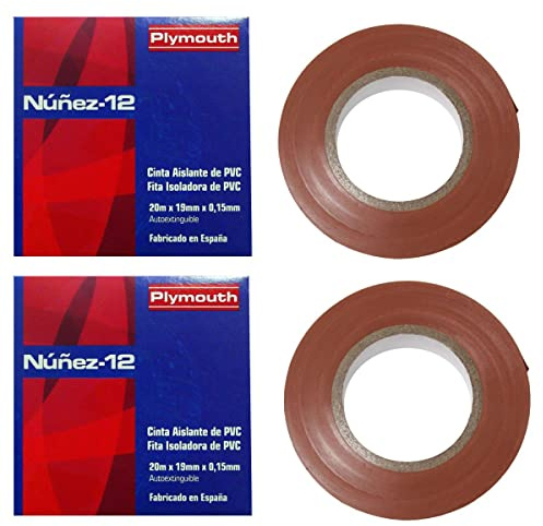 RASMACOR | Pack 2 unidades Cinta aislante Marron de PVC Nuñez-Plymouth 5089 | 20m x 19mm x 0,15mm | Autoextinguible | Para todo tipo de aplicaciones mecánicas y eléctricas