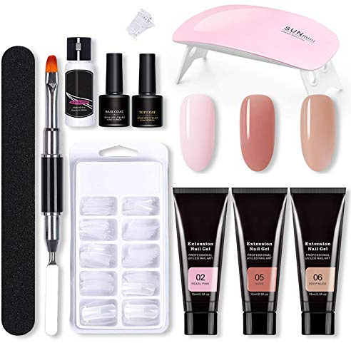 Nagelgelset, Nails Polygel Nail Kit med 3-färgsförlängningslim Polygelset, Nagelförlängningsgelset, Startset, Gellack Starter Kit, Nageldesign, Polygelset med UV-lampa(B)