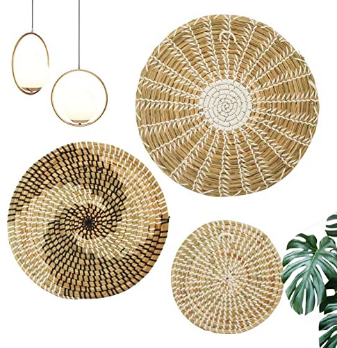 Imtrub Cesta decorativa de pared, 3 unidades de cestas redondas decorativas de pared, cestas planas de mimbre natural, para salón o dormitorio